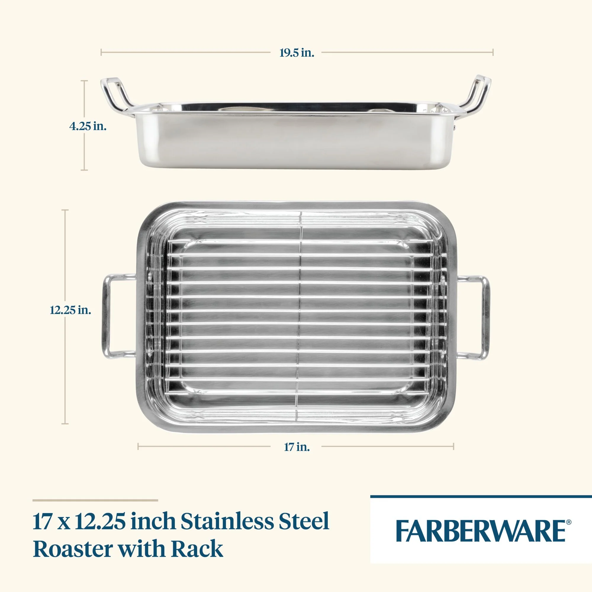 17" x 12.25" Stainless Steel Roaster with Rack - Image 4